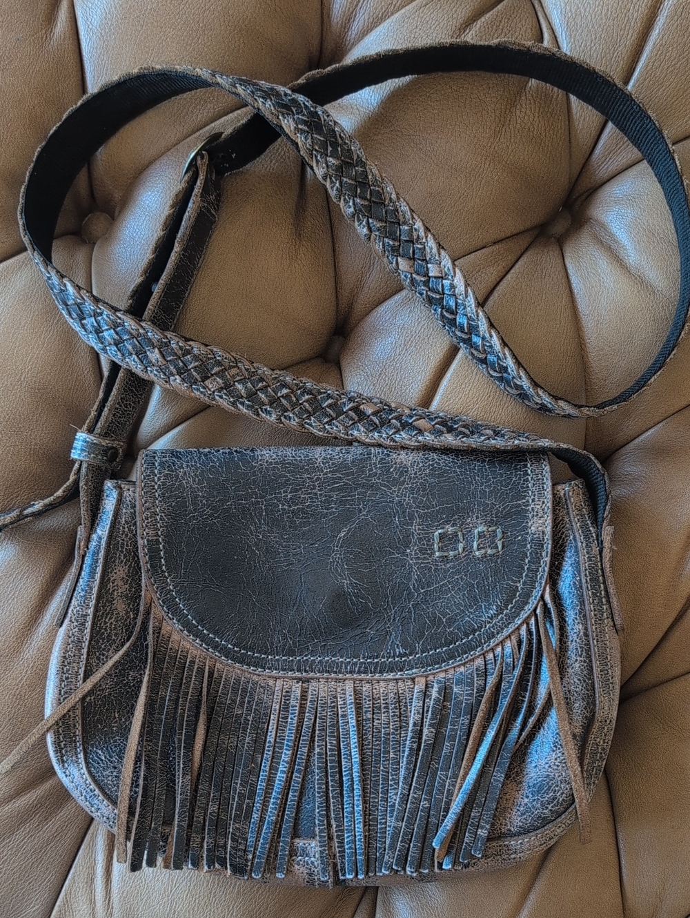 Bed Stu *Rare* East End Black Lux Distressed Leather Fringe Crossbody